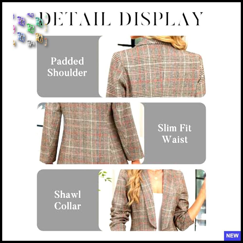 Shawl Collar Plaid Blazer Boyfriend Fit Business Casual Office Jacket - Picture 5 of 6